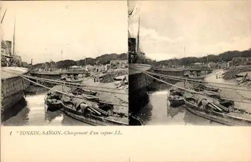 Stereo Ak Saigon Cochinchina Vietnam, Beladen eines Dampfers, Hafenszene