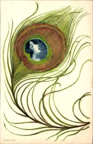 Jugendstil Ak Frauenbildnis in einer Pfauenfeder