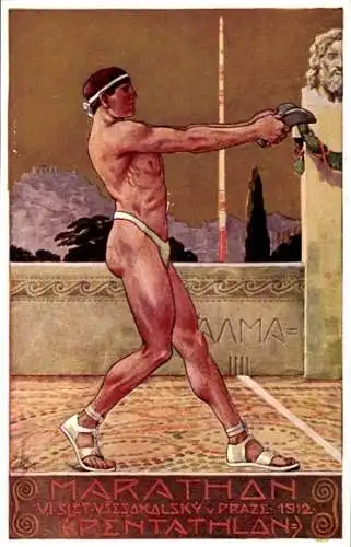 Künstler Ak Praha Prag, Marathon, VI. Slet Vzesokolsky 1912, Pentathlon, Hammerwerfer