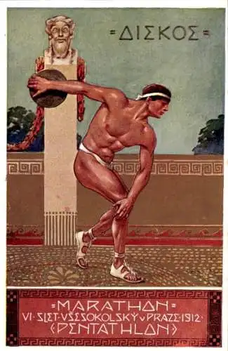 Künstler Ak Praha Prag, Marathon, VI. Slet Vzesokolsky 1912, Pentathlon, Diskuswerfer