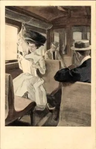 Jugendstil Künstler Ak Reznicek, Frau in einem Eisenbahnabteil, Reisende, Simplicissimus Karte XII 6