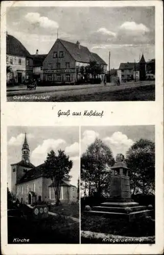 Ak Koßdorf Mühlberg an der Elbe, Gastwirtschaft, Kirche, Kriegerdenkmal