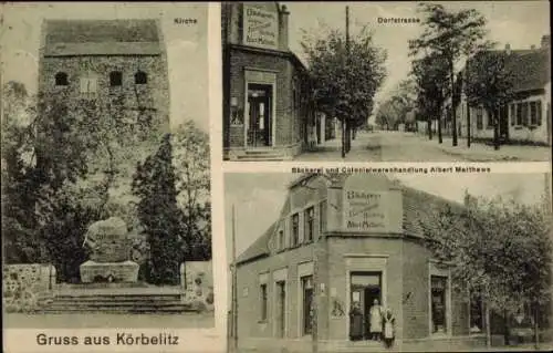 Ak Körbelitz Möser Jerichower Land, Kirche, Dorfstraße, Bäckerei, Kolonialwaren-Geschäft