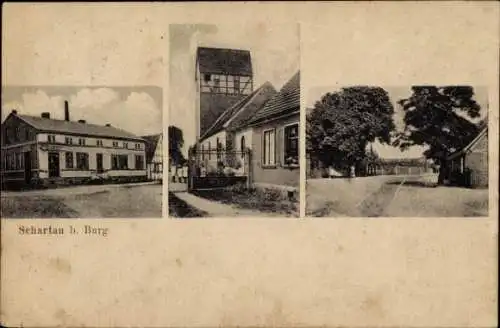 Ak Schartau Burg bei Magdeburg, Straße, Häuser, Geschäft