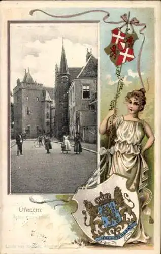 Präge Wappen Ak Utrecht Niederlande, Straße, Frau mit Wappen