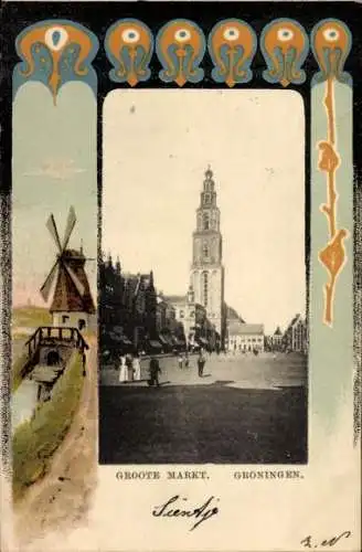 Passepartout Ak Groningen Niederlande, Groote Markt, Mill