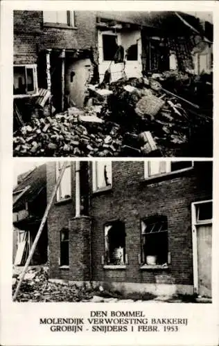 Ak De Bommel Südholland, Molendijk, Zerstörung der Bäckerei Grobijn-Snijders, 1953