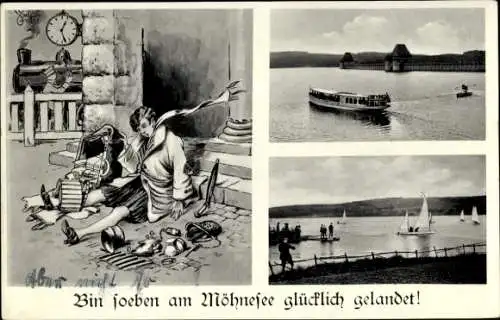 Ak Möhnesee in Westfalen, Ausflugsboot, Segelboote, Bin soeben am Möhnesee glücklich gelandet