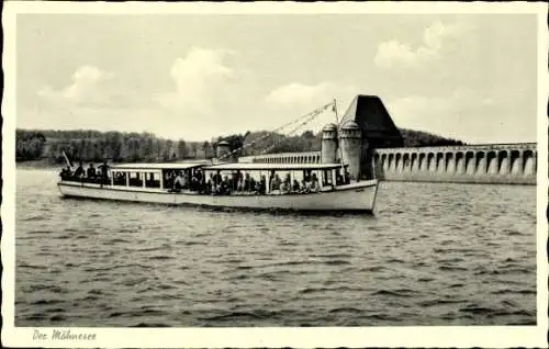 Ak Möhnesee, an der Talsperre, Motorbootverkehr Karl Schmitz