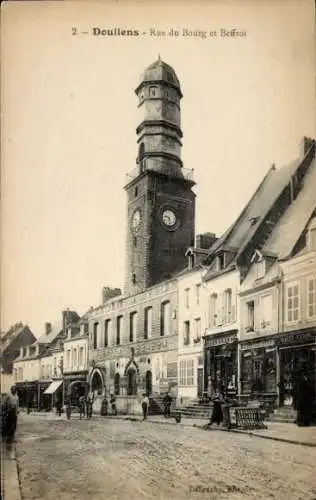 Ak Doullens Somme, Rue du Bourg et Beffroi