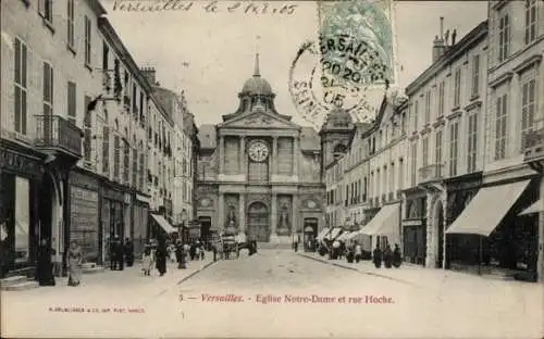 Ak Versailles Yvelines, Kirche Notre Dame, Turmuhr, Rue Hoche, Geschäfte