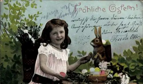 Ak Frohe Ostern, Mädchen mit Osterhasen und Osterkorb