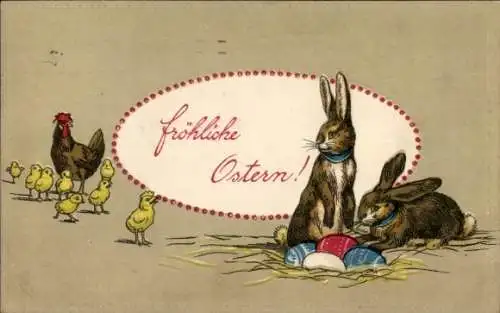 Ak Frohe Ostern, Osterhasen mit Ostereiernest, Küken und Huhn