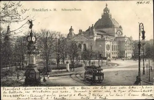 Ak Frankfurt am Main, Schauspielhaus, Straßenbahn, Uhr