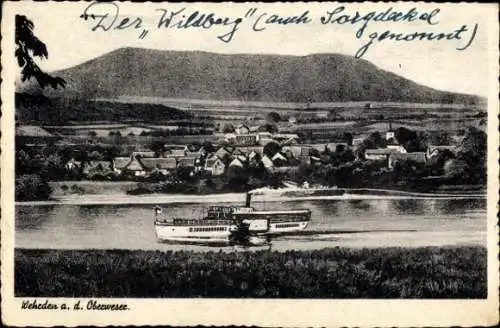 Ak Wehrden Beverungen an der Weser, Dampfer, Gesamtansicht, Berg