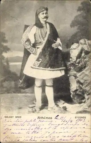 Ak Athen Griechenland, Costume Grec, Mann in griechischer Tracht, griechischer Soldat