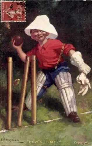 Künstler Ak Kinsella, E., Junge wirft Ball, Cricket