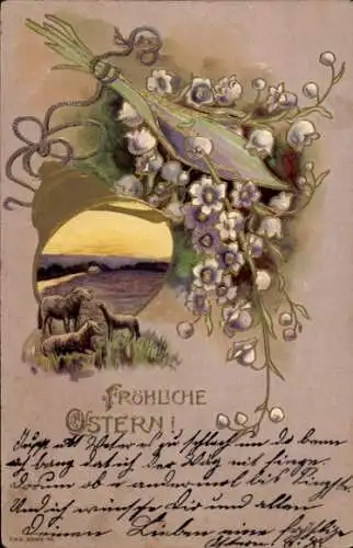 Präge Litho Glückwunsch Ostern, Schafe auf der Weide, Maiglöckchen