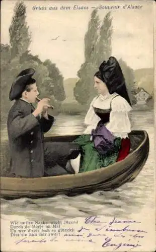 Ak Paar im Ruderboot, Elsässer Trachten