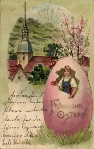 Litho Glückwunsch Ostern, Frau in einem Osterei, Ortschaft, Sonnenaufgang