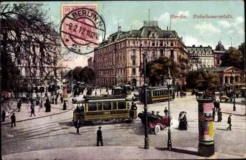 Ak Berlin Tiergarten, Potsdamer Platz, Straßenbahnen, Litfaßsäule, Passanten