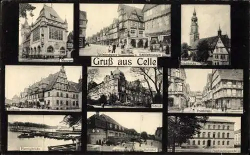 Ak Celle in Niedersachsen, Museum, Stadtkirche, Schloss, Bahnhof, Rathaus, Pfennigbrücke