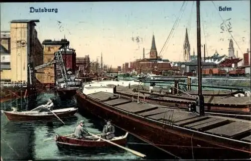 Ak Duisburg, Hafen, Männer im Ruderboot