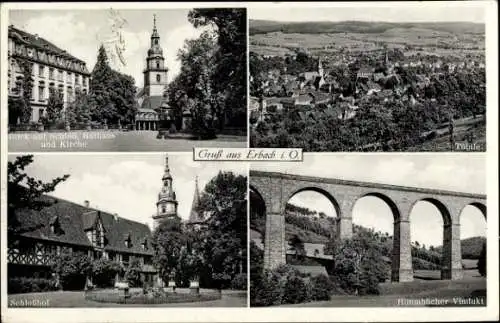 Ak Erbach im Odenwaldkreis Hessen, Stadtansichten, Schloss, Rathaus, Kirche, Schlosshof, Viadukt