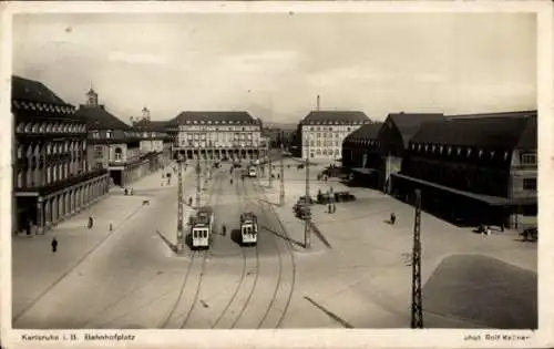 Ak Karlsruhe in Baden, Bahnhofplatz, Straßenbahn