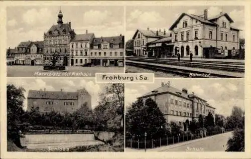 Ak Frohburg in Sachsen, Bahnhof, Schule, Schloss, Marktplatz