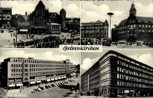 Ak Gelsenkirchen im Ruhrgebiet, Hauptbahnhof, Hauptpost, Städtische Sparkasse, Hans Sachs Haus