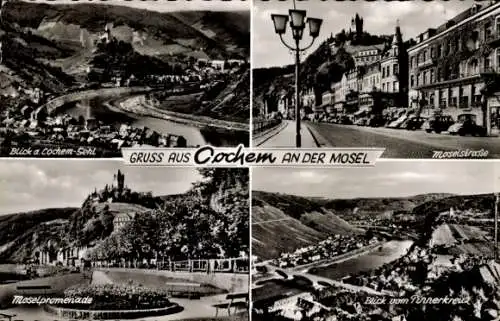 Ak Cochem an der Mosel, Moselpromenade, Moselstraße, Blick vom Pinnerkreuz, Brücke