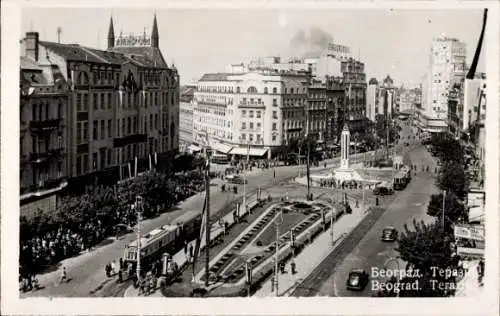 Ak Belgrad Serbien, Hauptplatz, Straßenbahnen