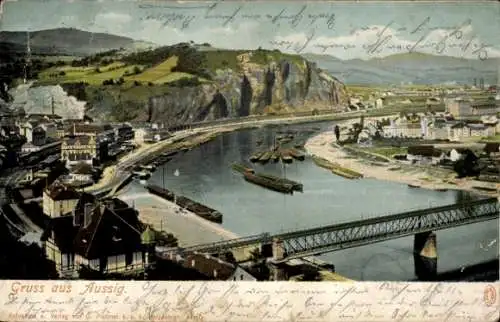 Ak Ústí nad Labem Aussig Elbe Stadt, Stadtansicht, Flusspartie, Brücke