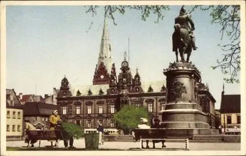 Ak Malmö Schweden, Statue von Karl X. Gustaf, Rathaus