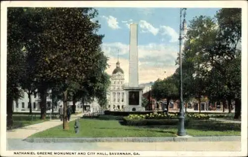 Ak Savannah Georgia USA, Nathanael Greene Denkmal, Rathaus