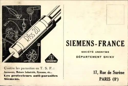 Ak Reklame, Siemens-Frankreich, Societe Anonyme, Siemens Anti-Parasiten-Protektoren