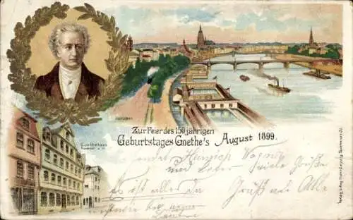 Litho Frankfurt am Main, Goethehaus, Zur Feier des 150 jährigen Geburtstags Goethe´s August 1899