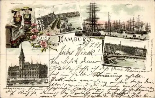 Litho Hamburg, Hafen, Segelschiffe, Vierländerin, Jungfernstieg, Rathaus, Alsterarkaden