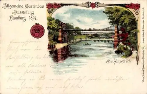 Litho Hamburg, Gartenbau Ausstellung 1897, Die Hängebrücke