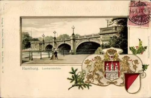 Präge Wappen Passepartout Litho Hamburg Mitte, Lombardsbrücke