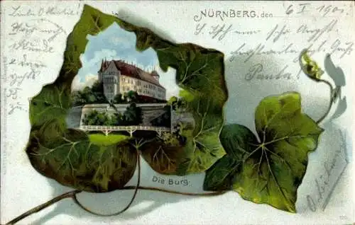 Efeublatt Litho Nürnberg, Blick zur Burg, Holzbrücke, Mauern