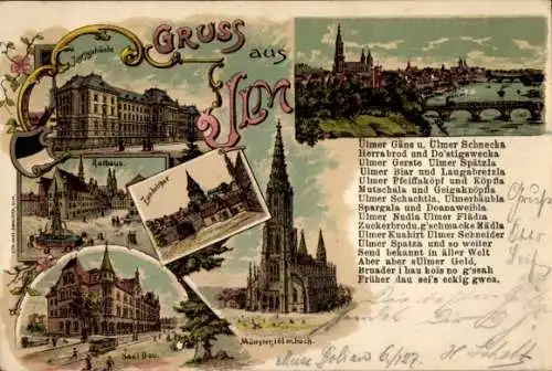 Litho Ulm an der Donau, Gesamtansicht, Justizgebäude, Rathaus, Zundeltor, Münster, Gedicht