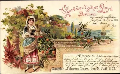 Litho Dampfer Prinzess Irene, Norddeutscher Lloyd Bremen, Frau in Tracht