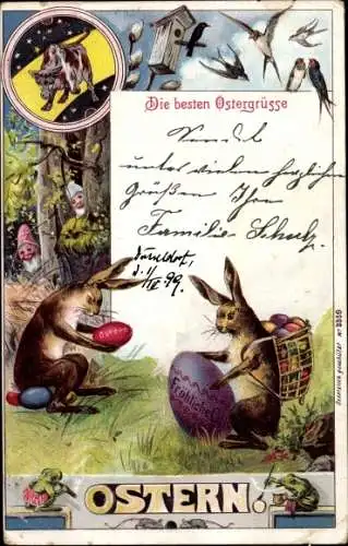 Litho Glückwunsch Ostern, Osterhasen, Ostereier, Frösche, Schwalben