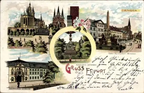 Litho Erfurt in Thüringen, Anger, Dom, Severi-Kirche, Regierungsgebäude, Kriegerdenkmal