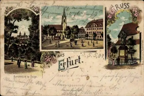 Litho Erfurt in Thüringen, Kaufmannskirche, Lutherdenkmal, Steiger