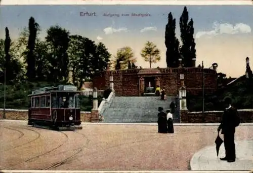 Ak Erfurt in Thüringen, Aufgang zum Stadtpark, Straßenbahn