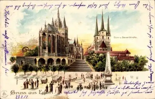 Sonnenschein Litho Erfurt in Thüringen, Dom und Severikirche, Denkmal