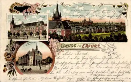 Litho Erfurt in Thüringen, Stadtbild, Post, Rathaus